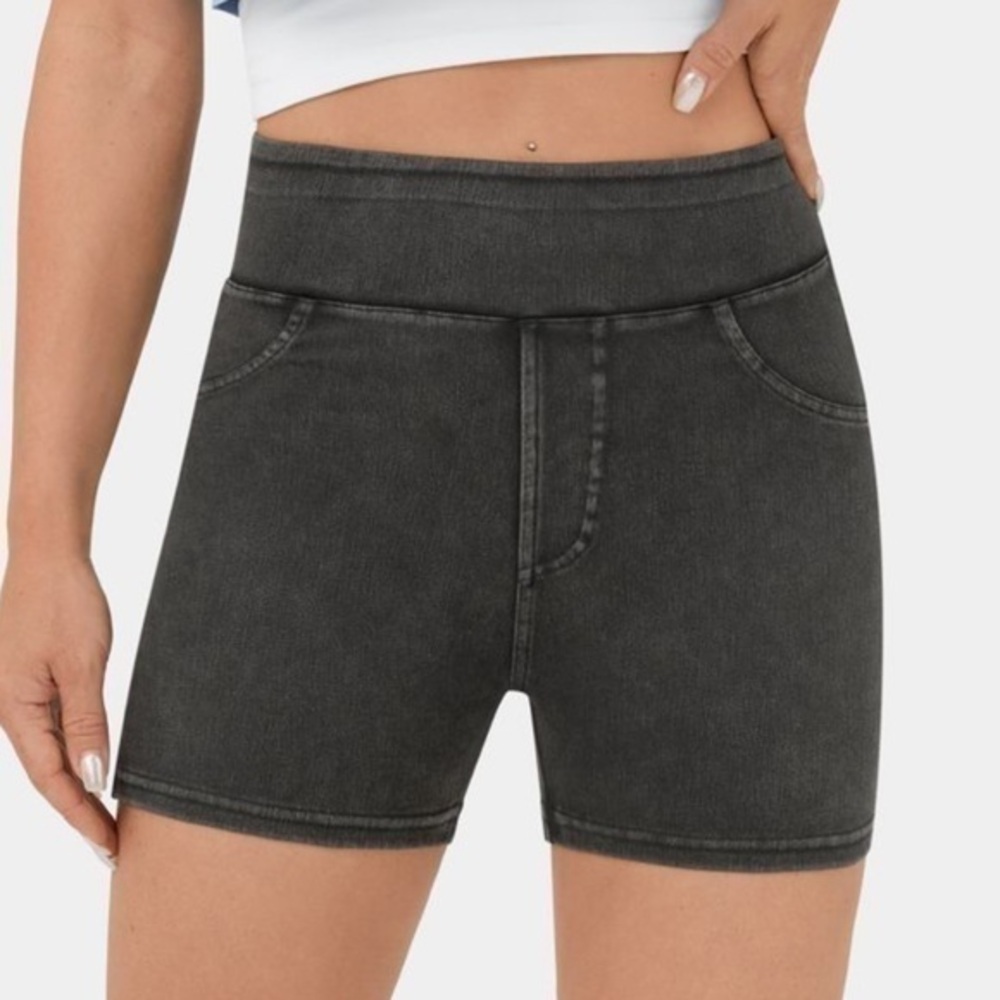 HalaraMagic High Waisted Back Side Pocket Stretchy Knit Denim Casual Shorts 3"
